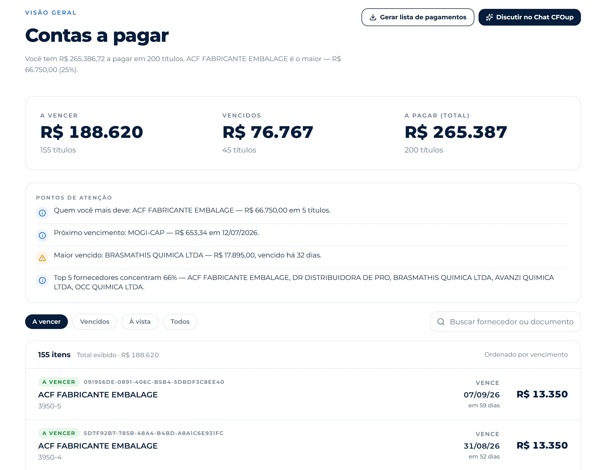 Tela real do CFOup · empresa demo